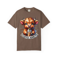 Coffee Addict Highland Cow Drinking Iced Coffee - Comfort Colors | Trendy Women's T-Shirt. Direct to Garment. Printed & Shipped in the USA. Unisex Sizes.