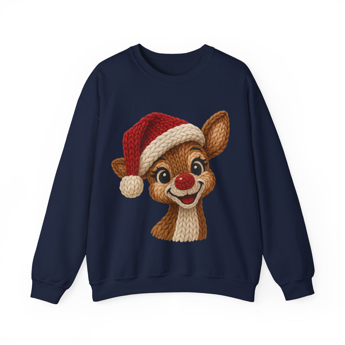 Cute Rudolph Faux Knit Look Reindeer w/Santa Hat – Gildan Heavy Blend | Trendy Women’s Soft Sweatshirt. Direct to Garment. Printed & Shipped in the USA. Unisex Sizes.