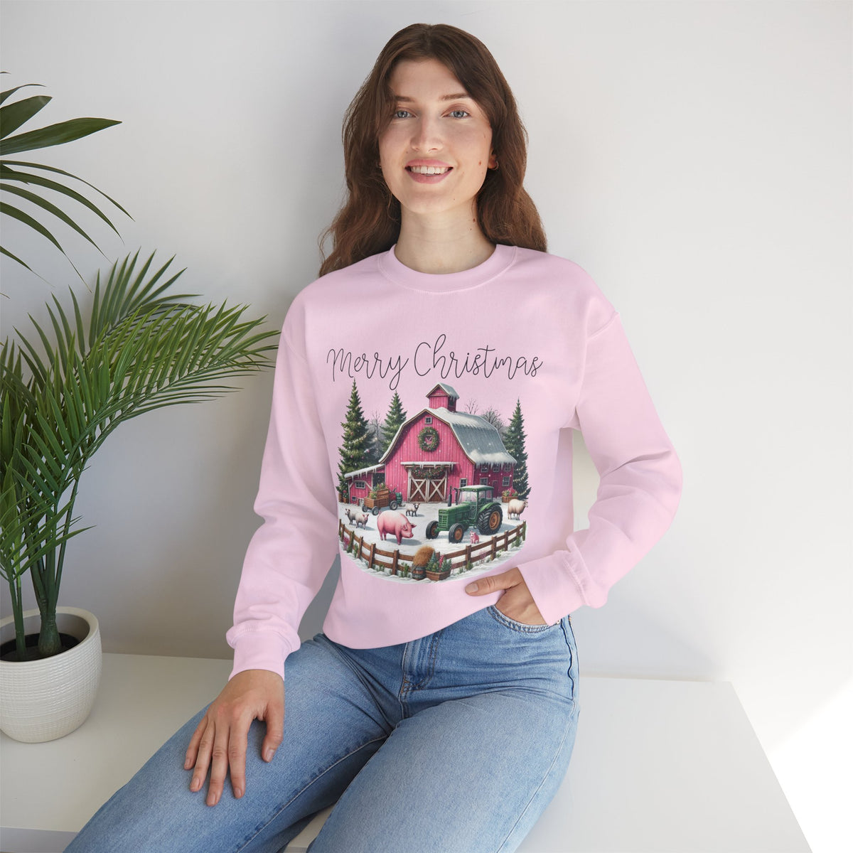 Merry Christmas Pink Barn Farm Animals – Gildan Heavy Blend | Trendy Women’s Soft Sweatshirt. Direct to Garment. Printed & Shipped in the USA. Unisex Sizes.