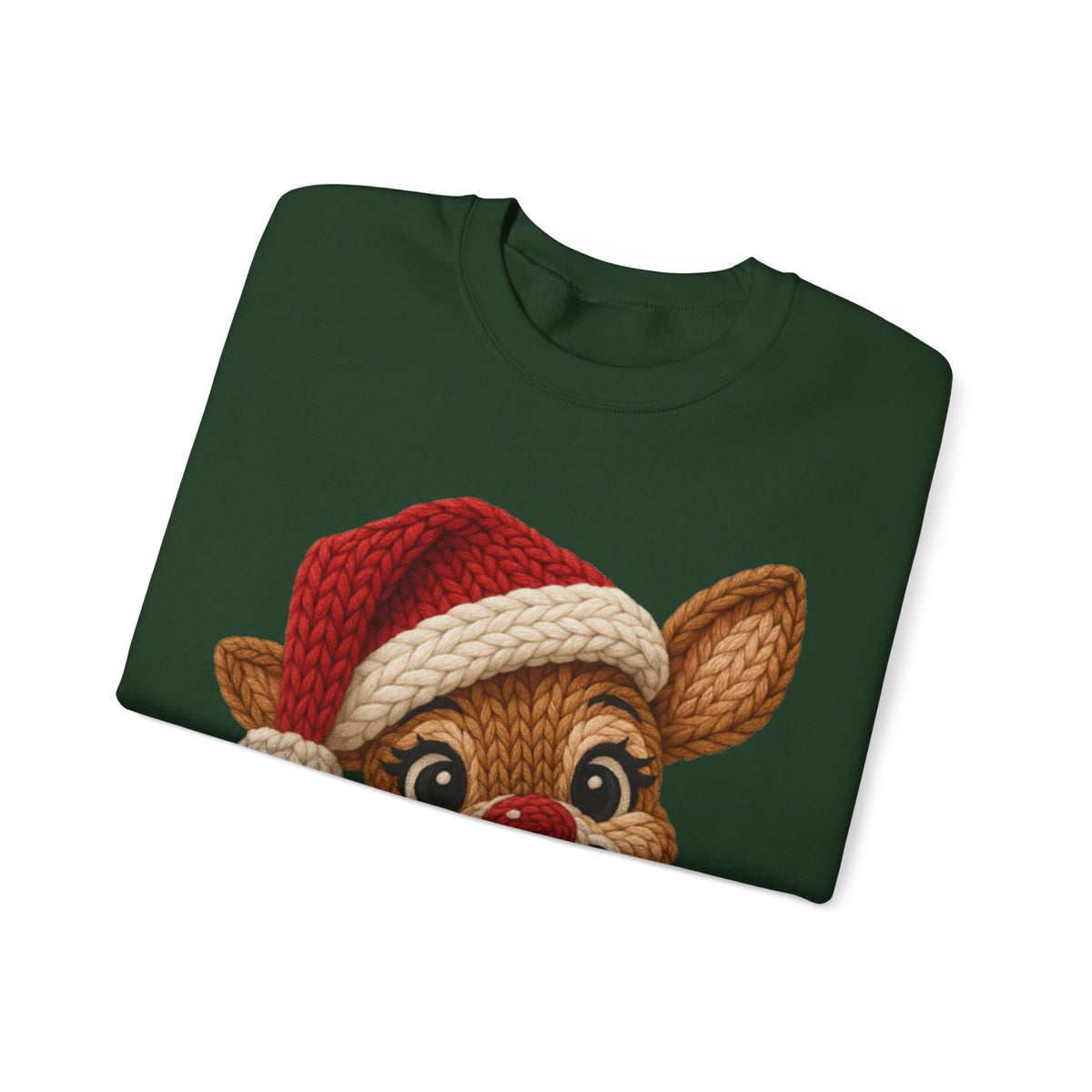 Cute Rudolph Faux Knit Look Reindeer w/Santa Hat – Gildan Heavy Blend | Trendy Women’s Soft Sweatshirt. Direct to Garment. Printed & Shipped in the USA. Unisex Sizes.