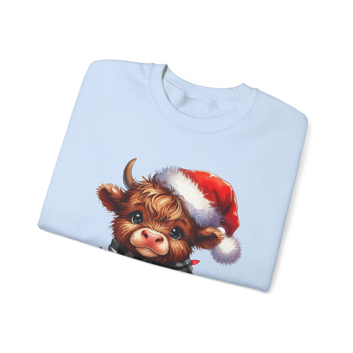 Cute Highland Cow Santa Hat Scarf Christmas Lights – Gildan Heavy Blend | Trendy Women’s Soft Sweatshirt. Direct to Garment. Printed & Shipped in the USA. Unisex Sizes.