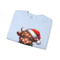 Cute Highland Cow Santa Hat Scarf Christmas Lights – Gildan Heavy Blend | Trendy Women’s Soft Sweatshirt. Direct to Garment. Printed & Shipped in the USA. Unisex Sizes.