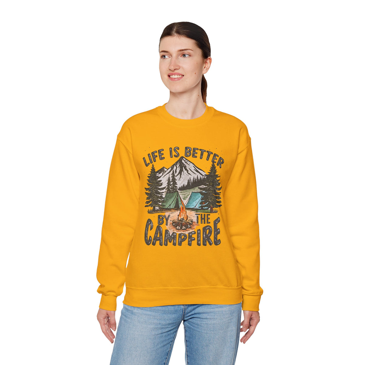 Life is Better By the Campfire – Gildan Heavy Blend | Trendy Women’s and Men's Soft Sweatshirt. Direct to Garment. Printed & Shipped in the USA. Unisex Sizes.