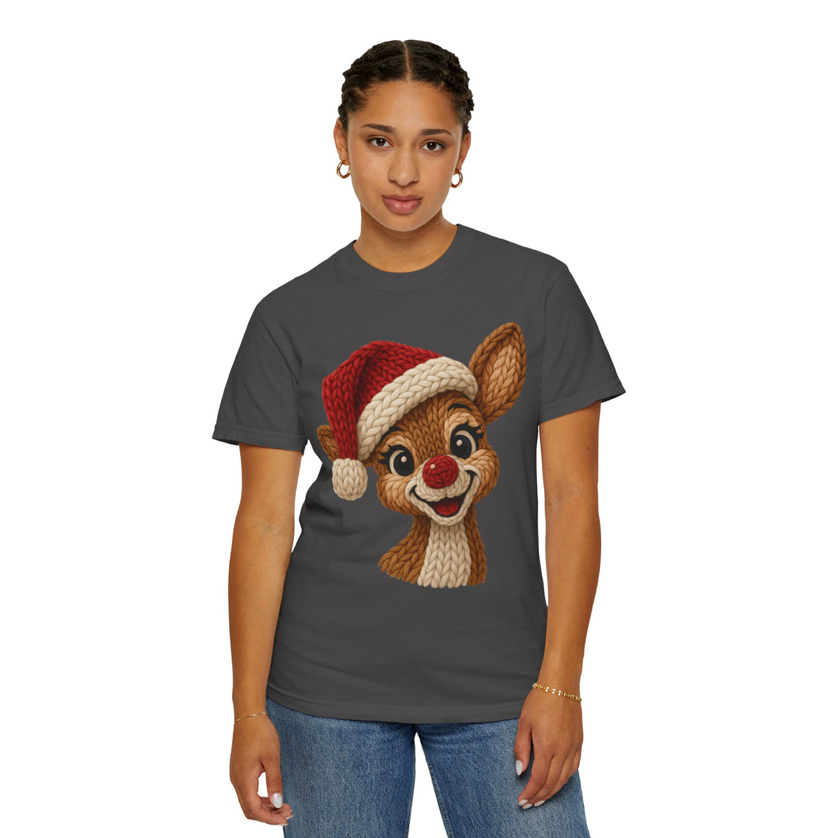 Cute Rudolph Faux Knit Look Reindeer w/Santa Hat - Comfort Colors | Trendy Women's T-Shirt. Direct to Garment. Printed & Shipped in the USA. Unisex Sizes.