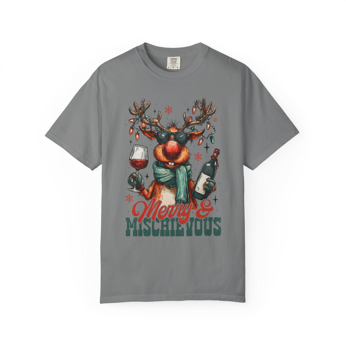 Merry & Mischievous Reindeer - Comfort Colors | Trendy Women's and Men's T-Shirt. Direct to Garment. Printed & Shipped in the USA. Unisex Sizes.