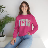 Jesus faux Patchwork – Gildan Heavy Blend | Trendy Women’s Soft Sweatshirt. Direct to Garment. Printed & Shipped in the USA. Unisex Sizes.
