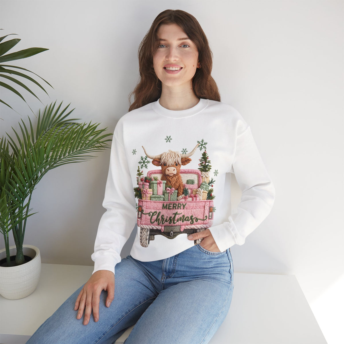 Highland Cow in Pink Truck Merry Christmas Holiday Farmhouse – Gildan Heavy Blend | Trendy Women’s Soft Sweatshirt. Direct to Garment. Printed & Shipped in the USA. Unisex Sizes.