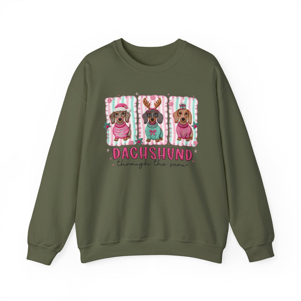 Dachshund Through the Snow – Gildan Heavy Blend | Trendy Women’s Soft Sweatshirt. Direct to Garment. Printed & Shipped in the USA. Unisex Sizes.