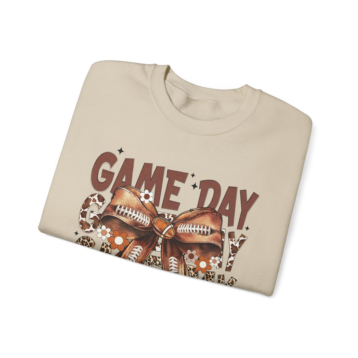 Game Day - Football Bow – Gildan Heavy Blend | Trendy Women’s Soft Sweatshirt. Direct to Garment. Printed & Shipped in the USA. Unisex Sizes.