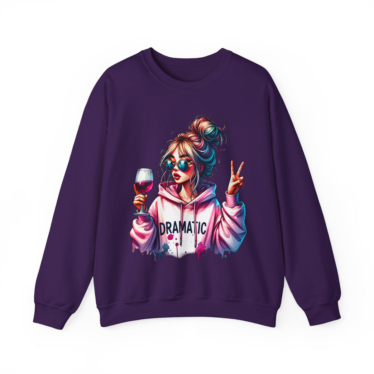 Dramatic Girl With Wine Messy Bun Peace Sign – Gildan Heavy Blend | Trendy Women’s Soft Sweatshirt. Direct to Garment. Printed & Shipped in the USA. Unisex Sizes.