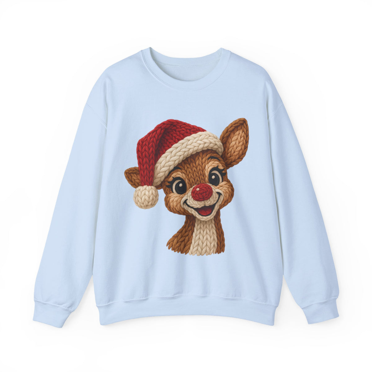 Cute Rudolph Faux Knit Look Reindeer w/Santa Hat – Gildan Heavy Blend | Trendy Women’s Soft Sweatshirt. Direct to Garment. Printed & Shipped in the USA. Unisex Sizes.