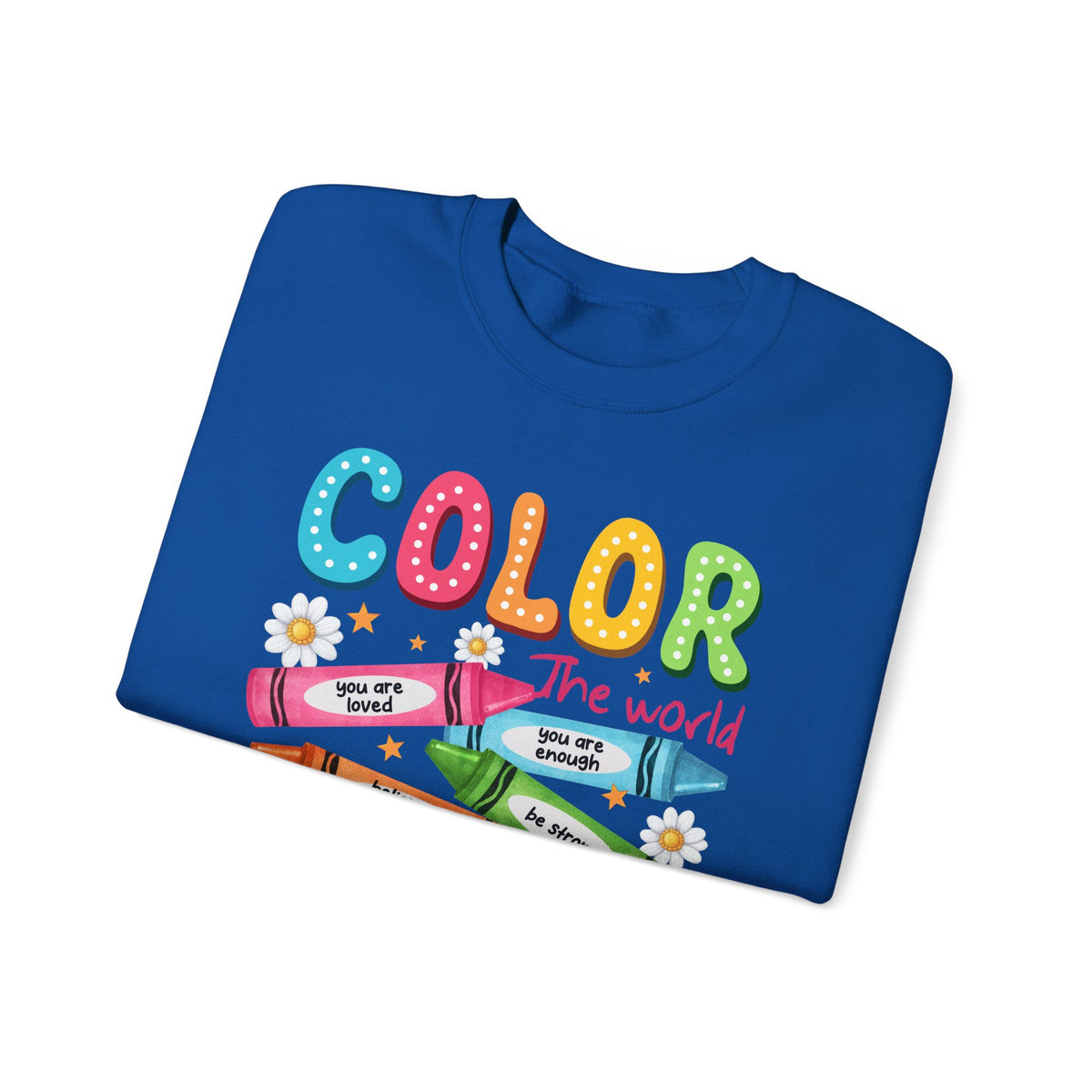 Color the World With Kindness Crayons, Great Teacher Gift – Gildan Heavy Blend | Trendy Women’s and Men's Soft Sweatshirt. Direct to Garment. Printed & Shipped in the USA. Unisex Sizes.