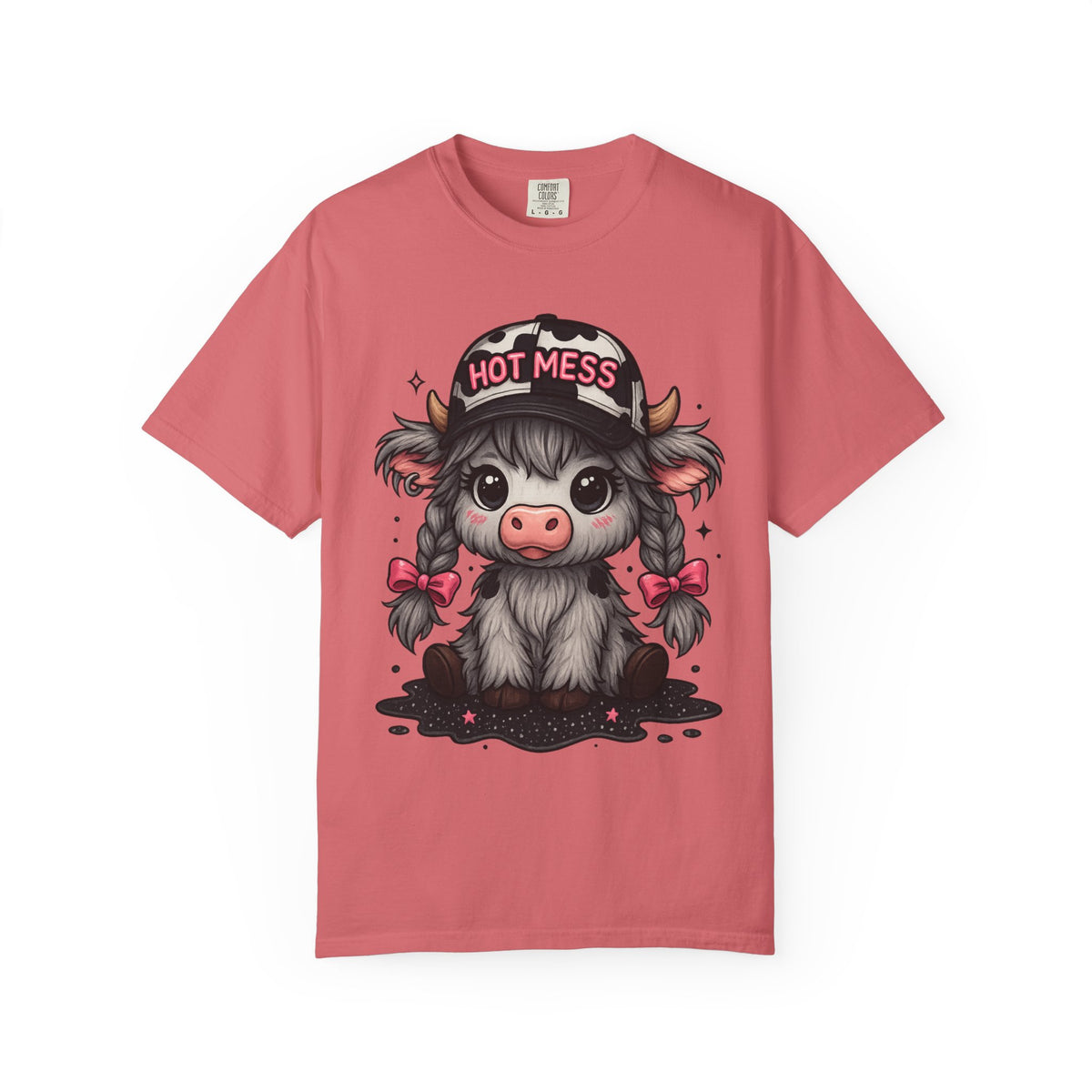 Cute Highland Cow 'Hot Mess' In Braids  - Comfort Colors | Trendy Women's T-Shirt. Direct to Garment. Printed & Shipped in the USA. Unisex Sizes.