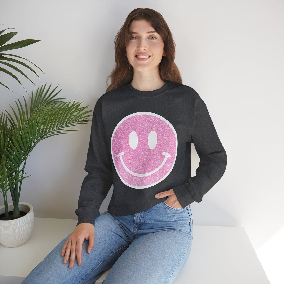Glitter Smiley – Gildan Heavy Blend | Trendy Women’s Soft Sweatshirt. Direct to Garment. Printed & Shipped in the USA. Unisex Sizes.