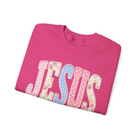 JESUS Pastel Faux Patchwork – Gildan Heavy Blend | Trendy Women’s Soft Sweatshirt. Direct to Garment. Printed & Shipped in the USA. Unisex Sizes.