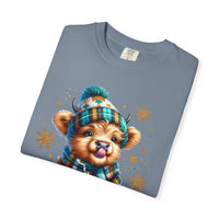 Winter Baby Highland Cow with Cocoa  - Comfort Colors | Trendy Women's T-Shirt. Direct to Garment. Printed & Shipped in the USA. Unisex Sizes.