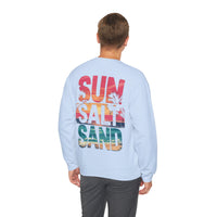 Sun Salt Sand, Beach Sunset - Front & Back Print – Gildan Heavy Blend | Trendy Women’s and Men's Soft Sweatshirt. Direct to Garment. Printed & Shipped in the USA. Unisex Sizes.