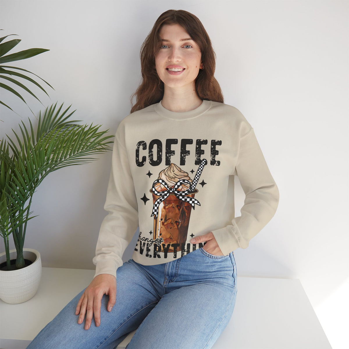 Coffee Changes Everything, Iced Coffee, Coffee Lovers – Gildan Heavy Blend | Trendy Women’s Soft Sweatshirt. Direct to Garment. Printed & Shipped in the USA. Unisex Sizes.