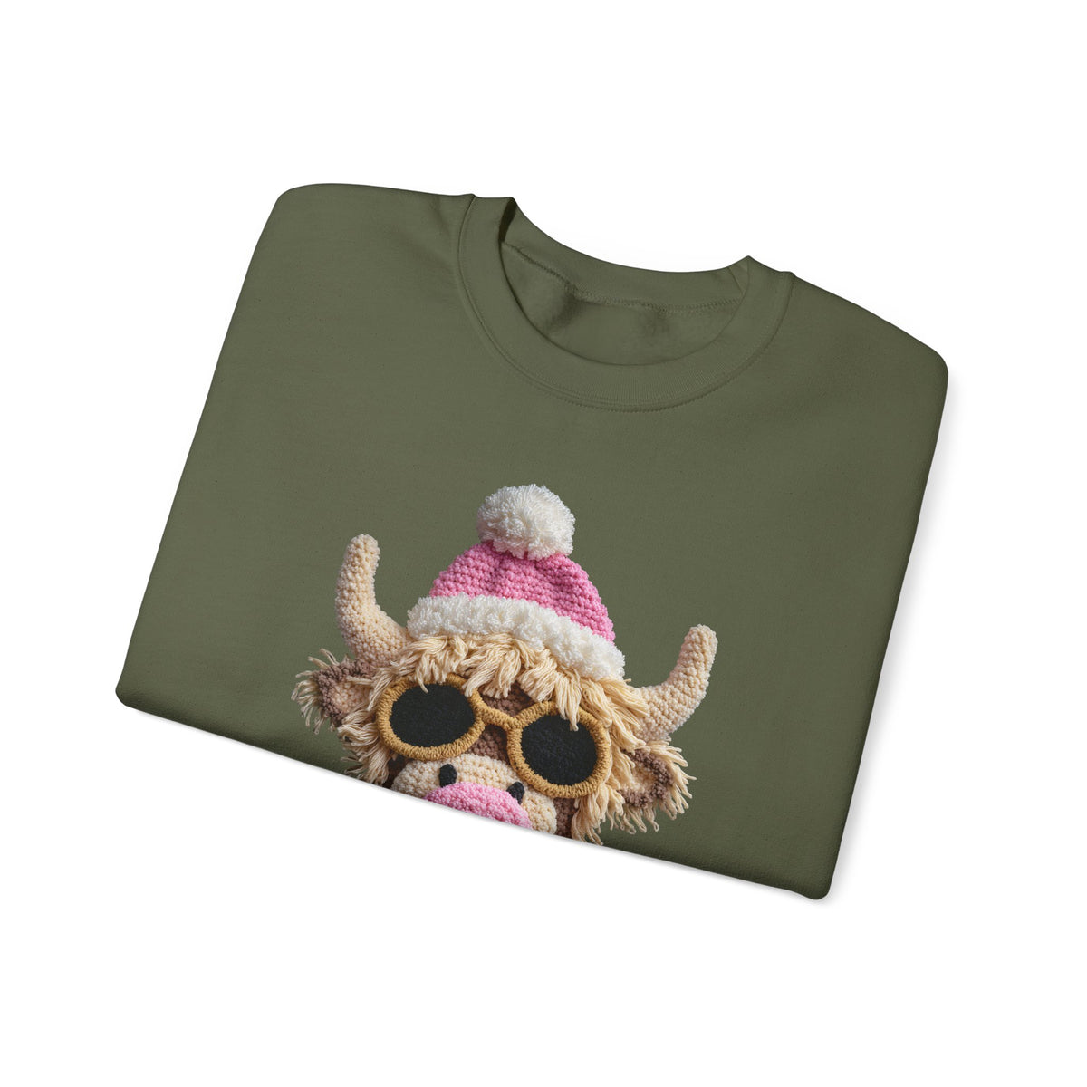 Faux Crochet Highland Cow Bubblegum – Gildan Heavy Blend | Trendy Women’s Soft Sweatshirt. Direct to Garment. Printed & Shipped in the USA. Unisex Sizes.