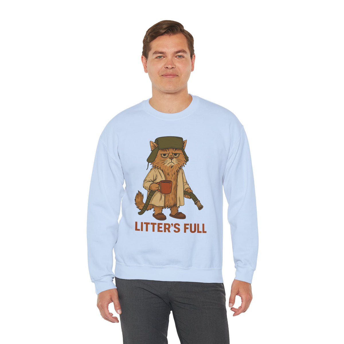 Litter's Full, Funny Cat – Gildan Heavy Blend | Trendy Men's and Women’s Soft Sweatshirt. Direct to Garment. Printed & Shipped in the USA. Unisex Sizes.