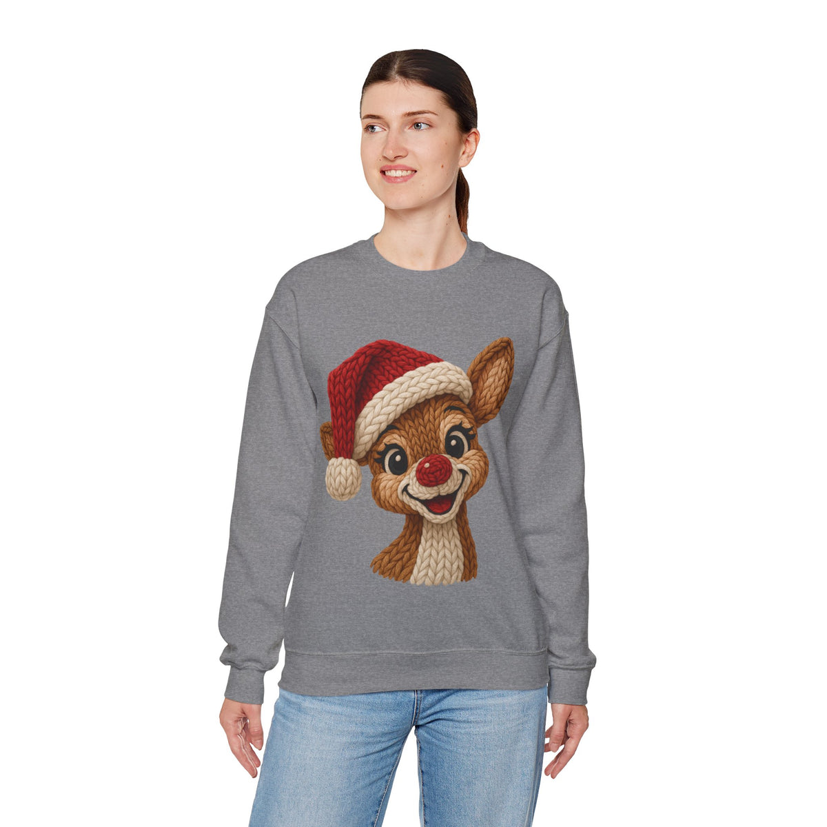 Cute Rudolph Faux Knit Look Reindeer w/Santa Hat – Gildan Heavy Blend | Trendy Women’s Soft Sweatshirt. Direct to Garment. Printed & Shipped in the USA. Unisex Sizes.
