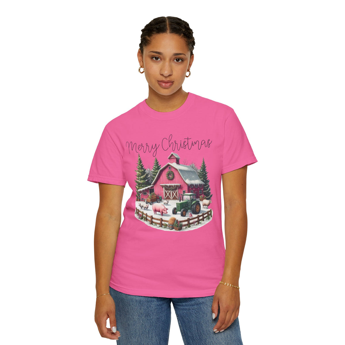 Merry Christmas Pink Barn Farm Animals - Comfort Colors | Trendy Women's T-Shirt. Direct to Garment. Printed & Shipped in the USA. Unisex Sizes.