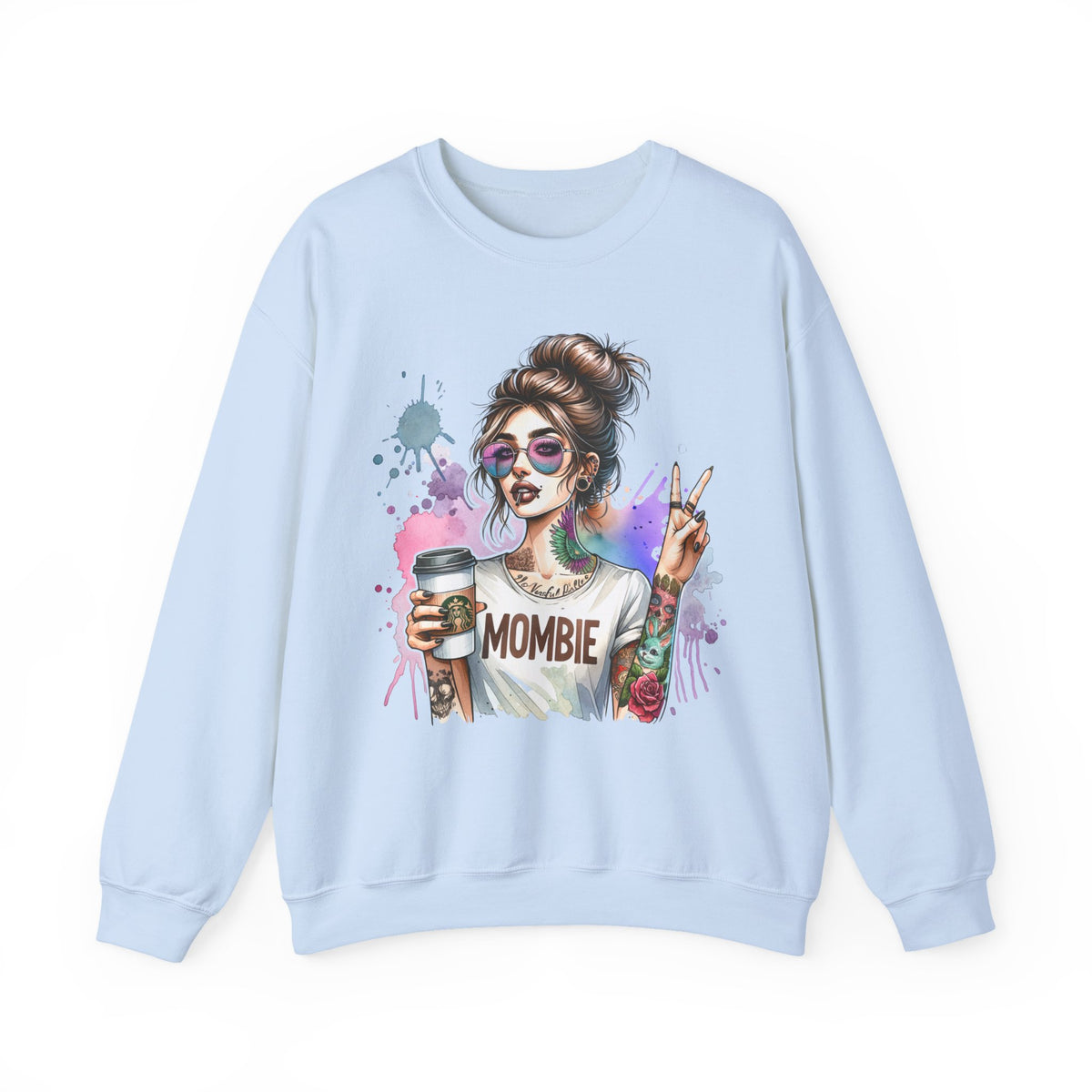 Cool Mombie with Coffee Peace Tattoo - Tired Mom – Gildan Heavy Blend | Trendy Women’s Soft Sweatshirt. Direct to Garment. Printed & Shipped in the USA. Unisex Sizes.