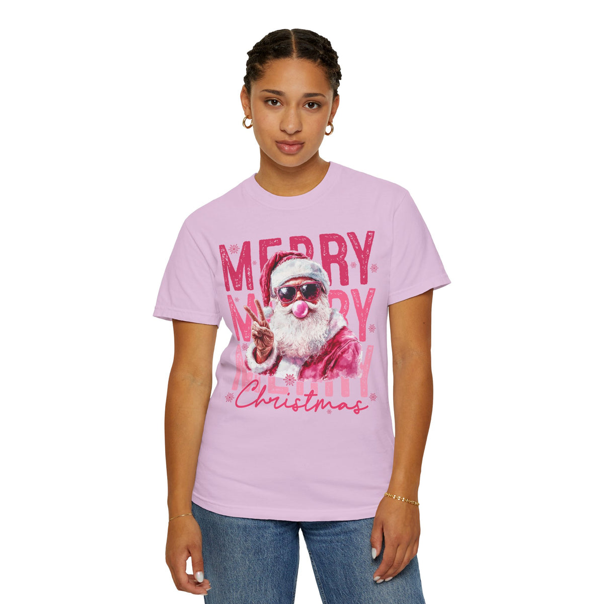 Pink Merry Christmas Bubblegum Santa - Comfort Colors | Trendy Women's T-Shirt. Direct to Garment. Printed & Shipped in the USA. Unisex Sizes.