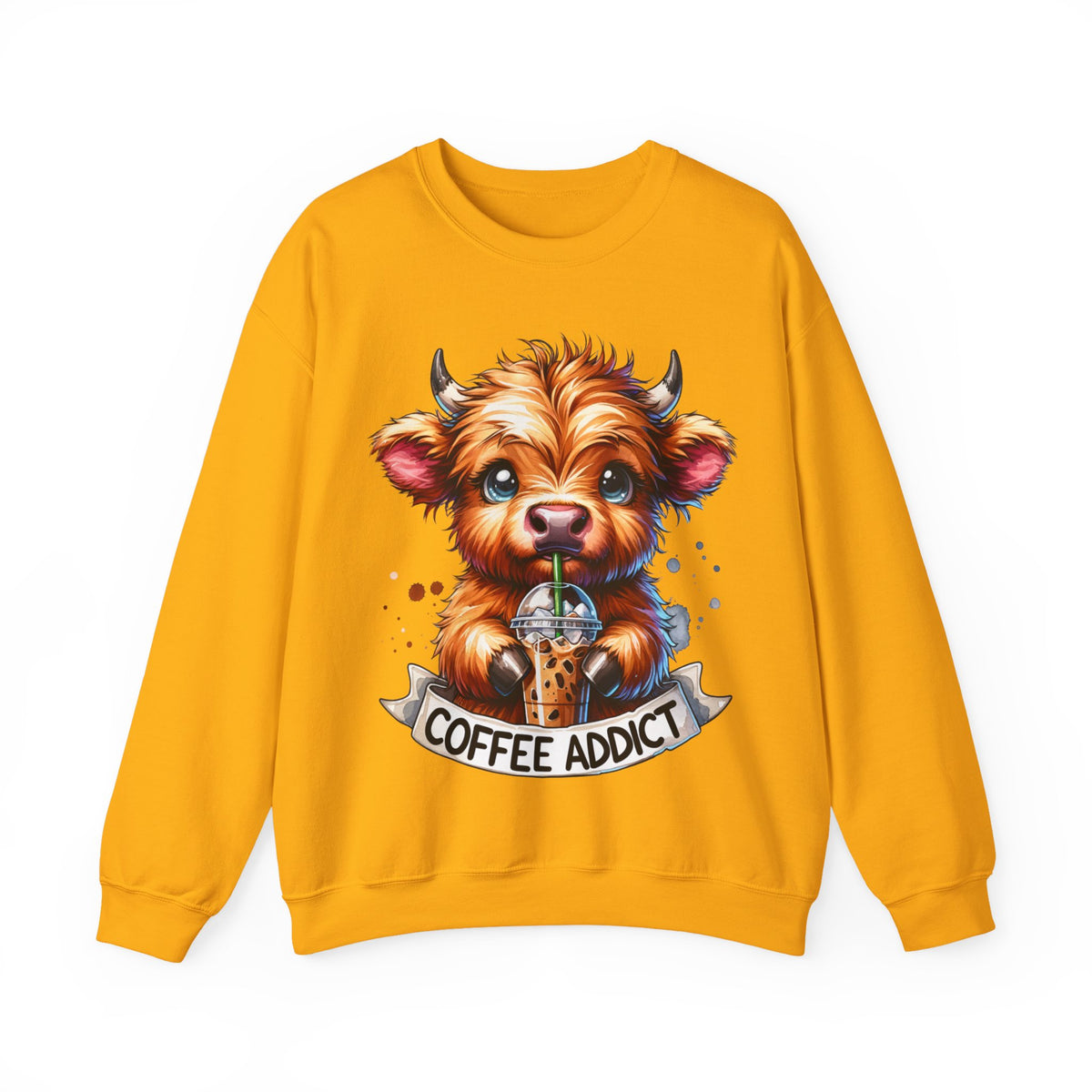 Coffee Addict Highland Cow Drinking Iced Coffee – Gildan Heavy Blend | Trendy Women’s Soft Sweatshirt. Direct to Garment. Printed & Shipped in the USA. Unisex Sizes.
