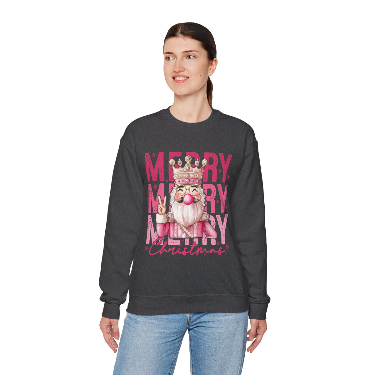 Merry Christmas - Cute Pink Bubblegum Nutcracker – Gildan Heavy Blend | Trendy Women’s Soft Sweatshirt. Direct to Garment. Printed & Shipped in the USA. Unisex Sizes.