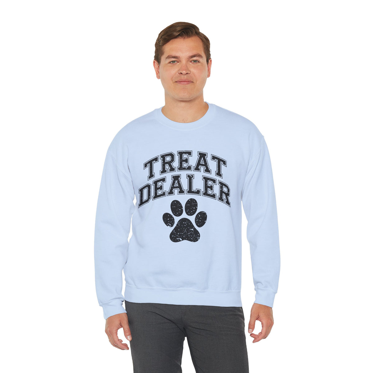 Treat Dealer, Dog Lover – Gildan Heavy Blend | Trendy Men's and Women’s Soft Sweatshirt. Direct to Garment. Printed & Shipped in the USA. Unisex Sizes.