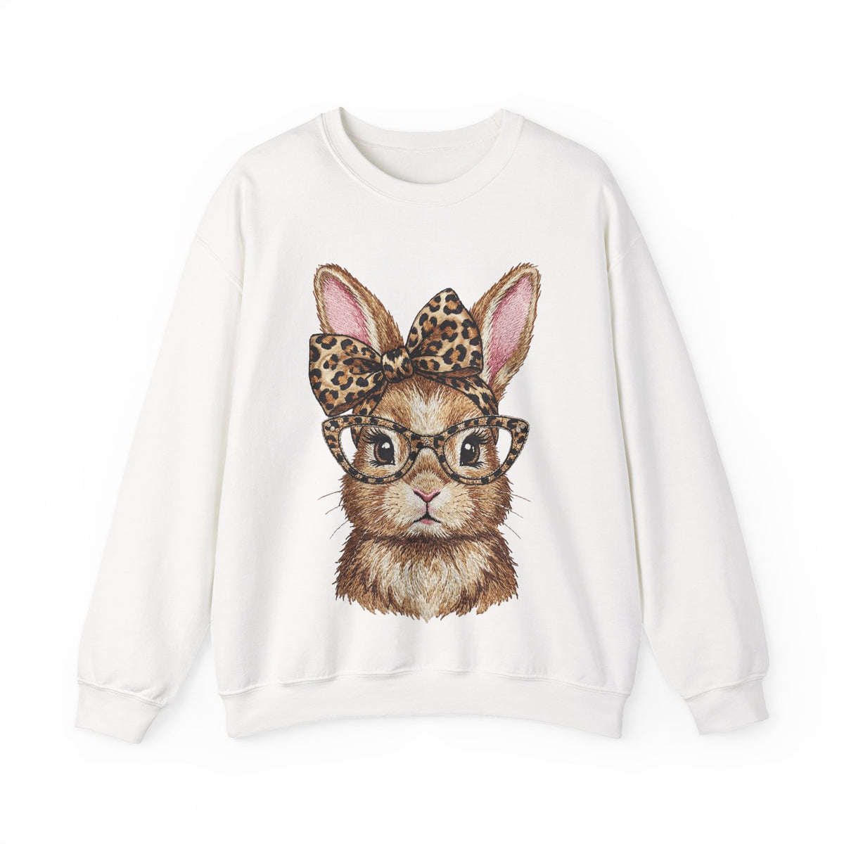 Bunny with Leopard Glasses and Bow – Gildan Heavy Blend | Trendy Women’s Soft Sweatshirt. Direct to Garment. Printed & Shipped in the USA. Unisex Sizes.