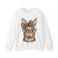 Bunny with Leopard Glasses and Bow – Gildan Heavy Blend | Trendy Women’s Soft Sweatshirt. Direct to Garment. Printed & Shipped in the USA. Unisex Sizes.