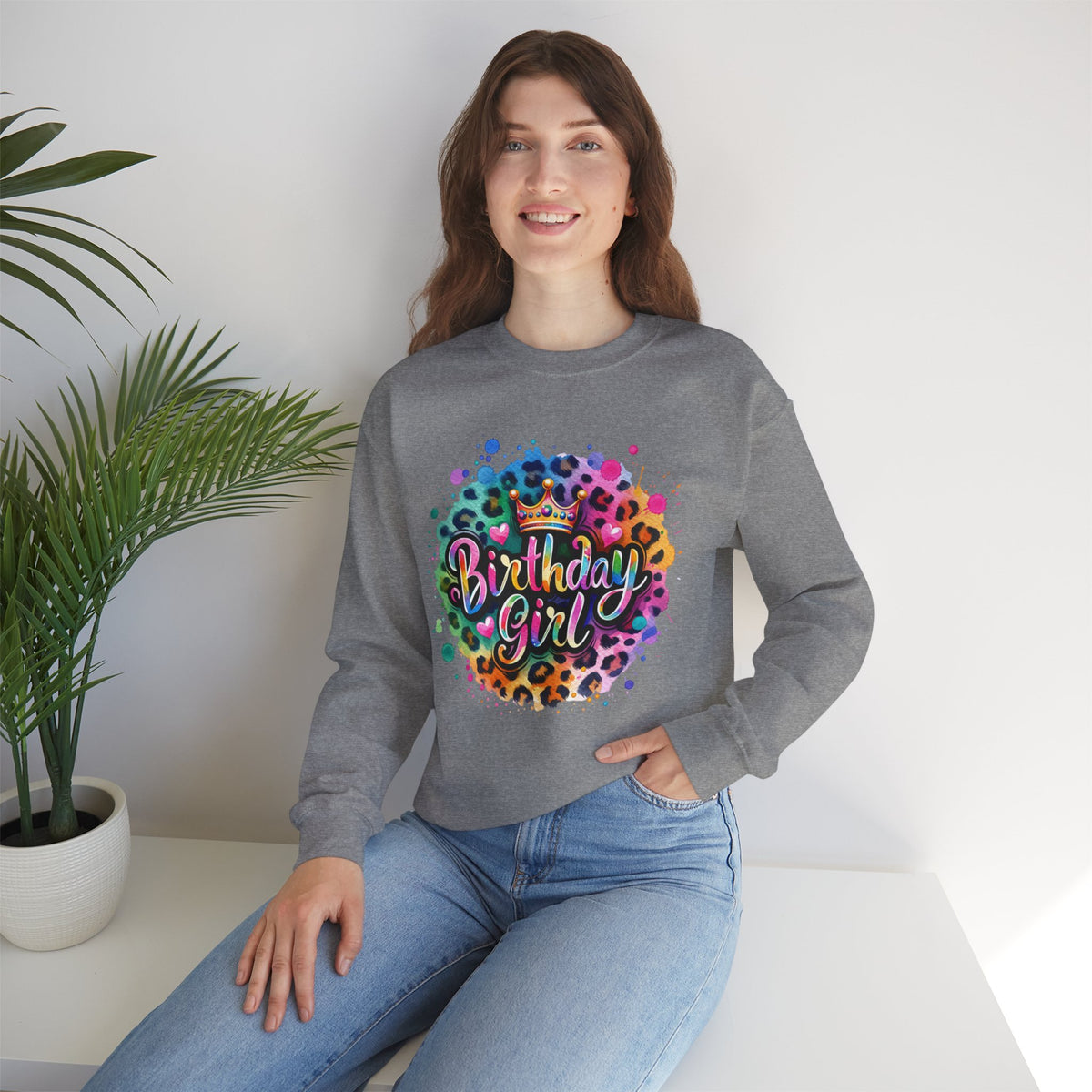 Birthday Girl, Neon Leopard – Gildan Heavy Blend | Trendy Women’s Soft Sweatshirt. Direct to Garment. Printed & Shipped in the USA. Unisex Sizes.