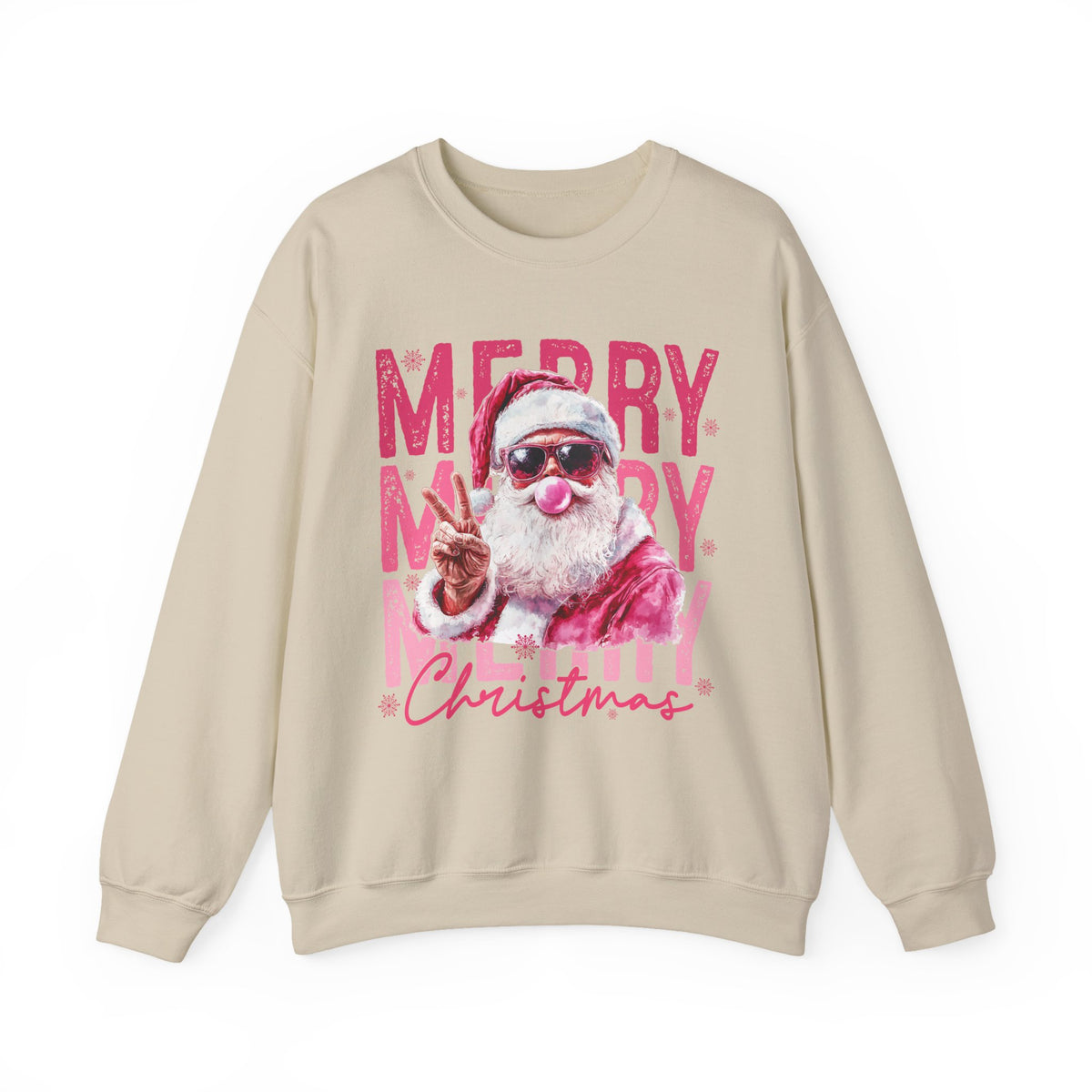 Pink Merry Christmas Bubblegum Santa – Gildan Heavy Blend | Trendy Women’s Soft Sweatshirt. Direct to Garment. Printed & Shipped in the USA. Unisex Sizes.