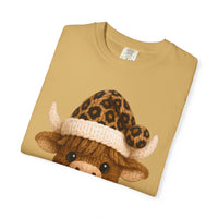 Cute Highland Cow with Leopard Santa Hat Christmas - Comfort Colors | Trendy Women's T-Shirt. Direct to Garment. Printed & Shipped in the USA. Unisex Sizes.