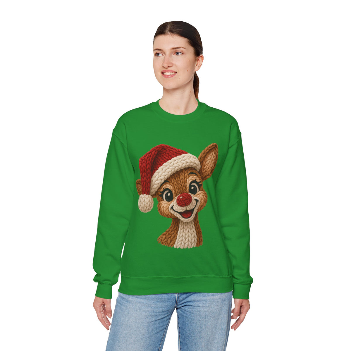 Cute Rudolph Faux Knit Look Reindeer w/Santa Hat – Gildan Heavy Blend | Trendy Women’s Soft Sweatshirt. Direct to Garment. Printed & Shipped in the USA. Unisex Sizes.