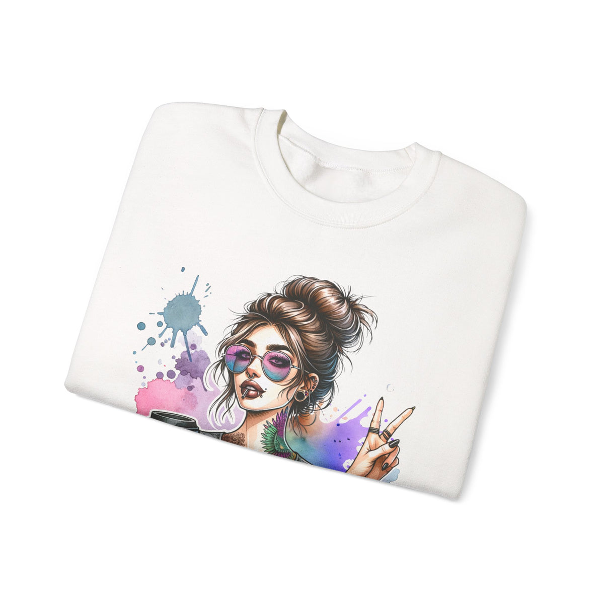 Cool Mombie with Coffee Peace Tattoo - Tired Mom – Gildan Heavy Blend | Trendy Women’s Soft Sweatshirt. Direct to Garment. Printed & Shipped in the USA. Unisex Sizes.