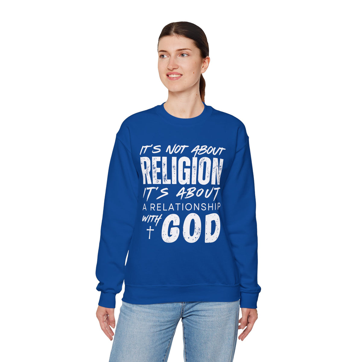 It's Not About Religion, It's About a Relationship with God – Gildan Heavy Blend | Trendy Men's and Women’s Soft Sweatshirt. Direct to Garment. Printed & Shipped in the USA. Unisex Sizes.