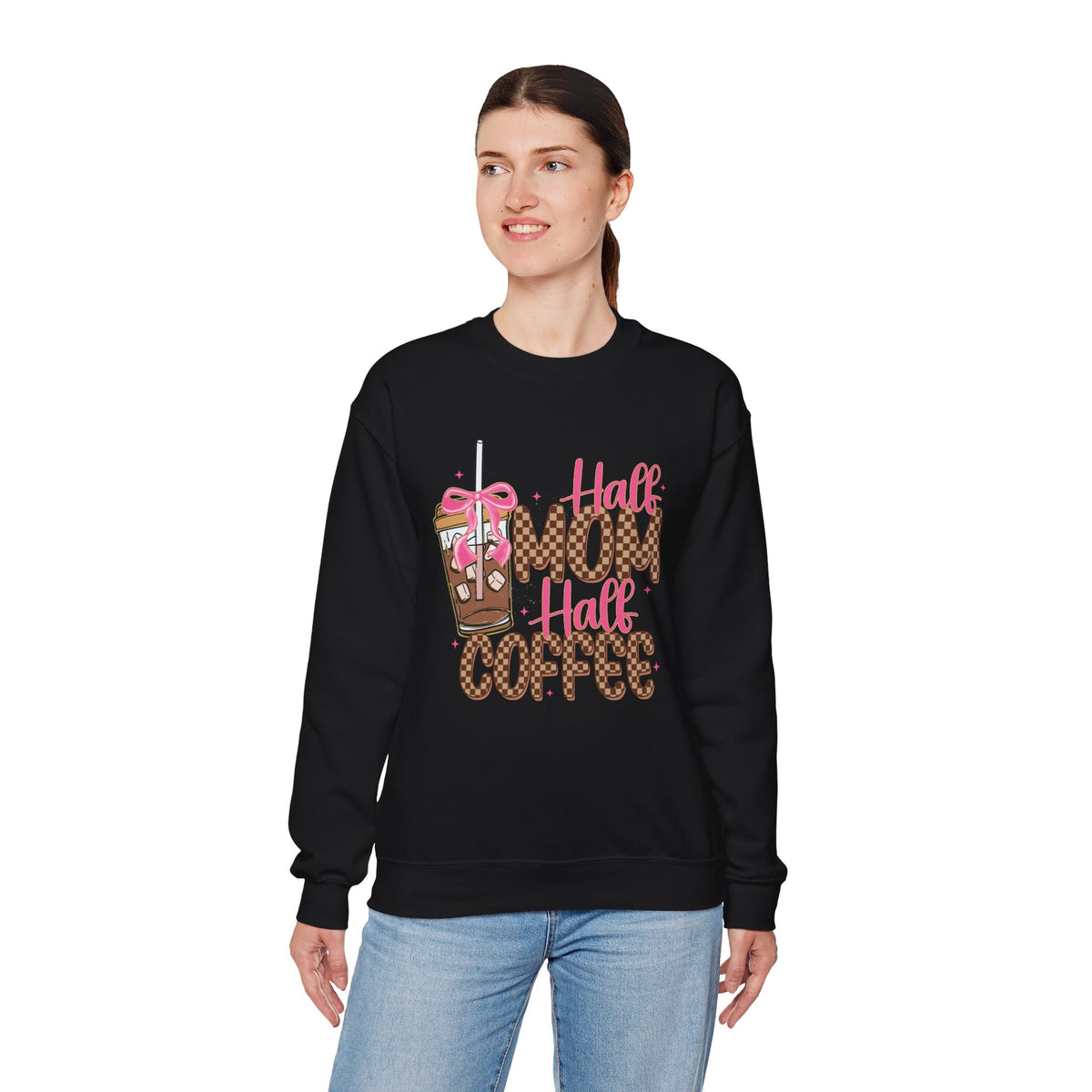 Half Mom Half Coffee, Cute Leopard Print Coffee Design – Gildan Heavy Blend | Trendy Women’s Soft Sweatshirt. Direct to Garment. Printed & Shipped in the USA. Unisex Sizes.