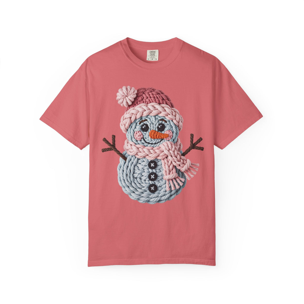 Cute Yarn Snowman - Pink Scarf - Comfort Colors | Trendy Women's T-Shirt. Direct to Garment. Printed & Shipped in the USA. Unisex Sizes.