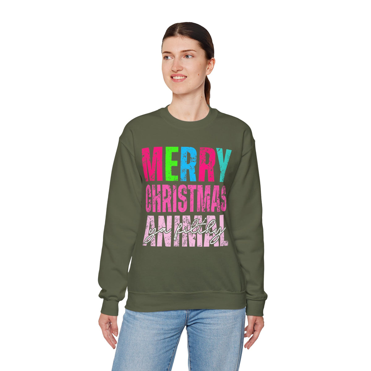 Merry Christmas Ya Filthy Animal – Gildan Heavy Blend | Trendy Women’s Soft Sweatshirt. Direct to Garment. Printed & Shipped in the USA. Unisex Sizes.