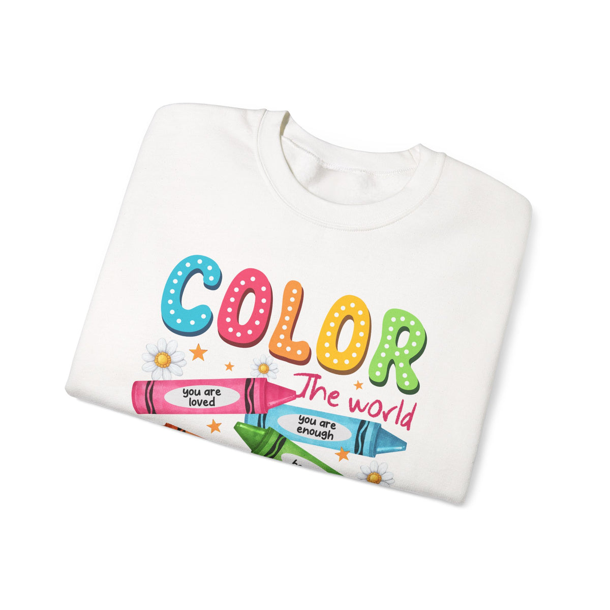 Color the World With Kindness Crayons, Great Teacher Gift – Gildan Heavy Blend | Trendy Women’s and Men's Soft Sweatshirt. Direct to Garment. Printed & Shipped in the USA. Unisex Sizes.