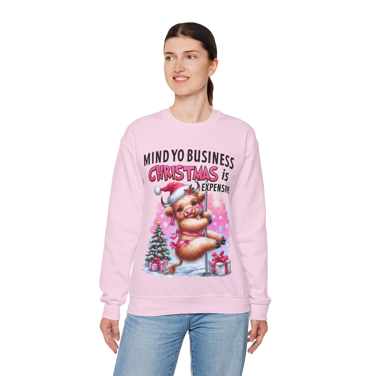 Highland Cow Mind Yo Business Christmas is Expensive – Gildan Heavy Blend | Trendy Women’s Soft Sweatshirt. Direct to Garment. Printed & Shipped in the USA. Unisex Sizes.