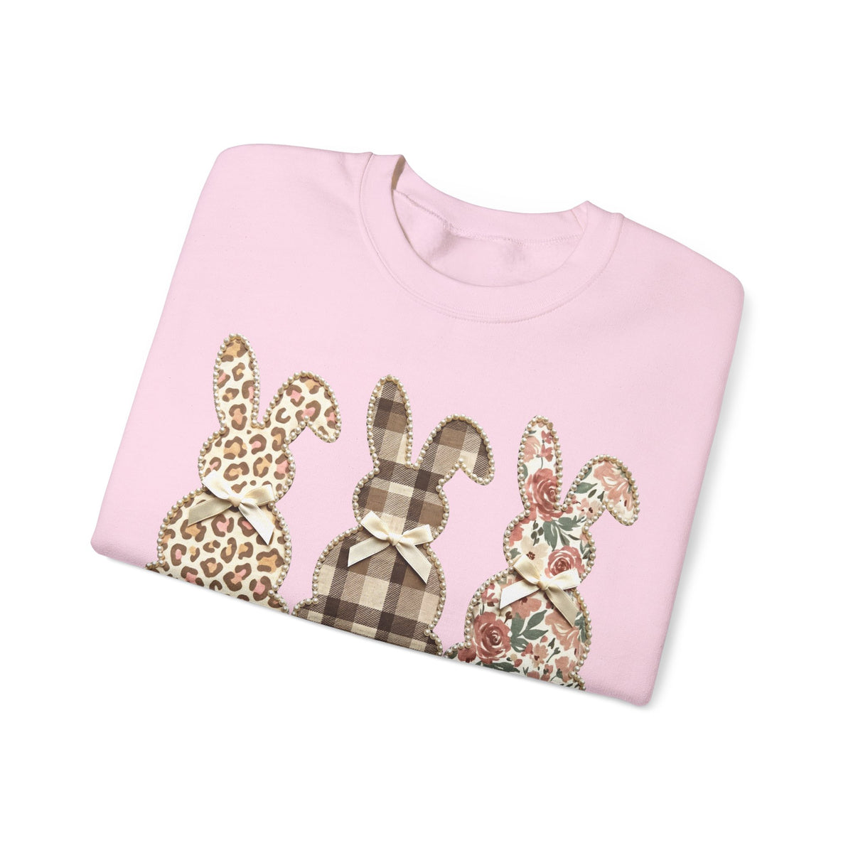 Easter Bunny Trio, Leopard, Plaid & Floral - Faux Pearl Outline – Gildan Heavy Blend | Trendy Women’s Soft Sweatshirt. Direct to Garment. Printed & Shipped in the USA. Unisex Sizes.