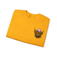Head Heffa Highland Cow, Front & Back Print – Gildan Heavy Blend | Trendy Women’s Soft Sweatshirt. Direct to Garment. Printed & Shipped in the USA. Unisex Sizes.