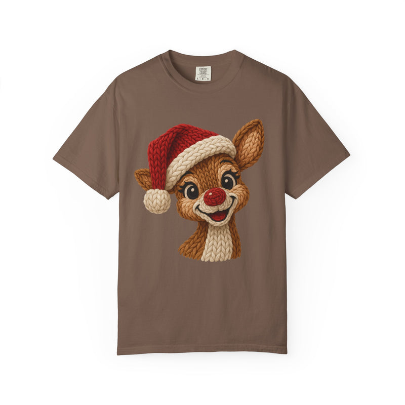 Cute Rudolph Faux Knit Look Reindeer w/Santa Hat - Comfort Colors | Trendy Women's T-Shirt. Direct to Garment. Printed & Shipped in the USA. Unisex Sizes.