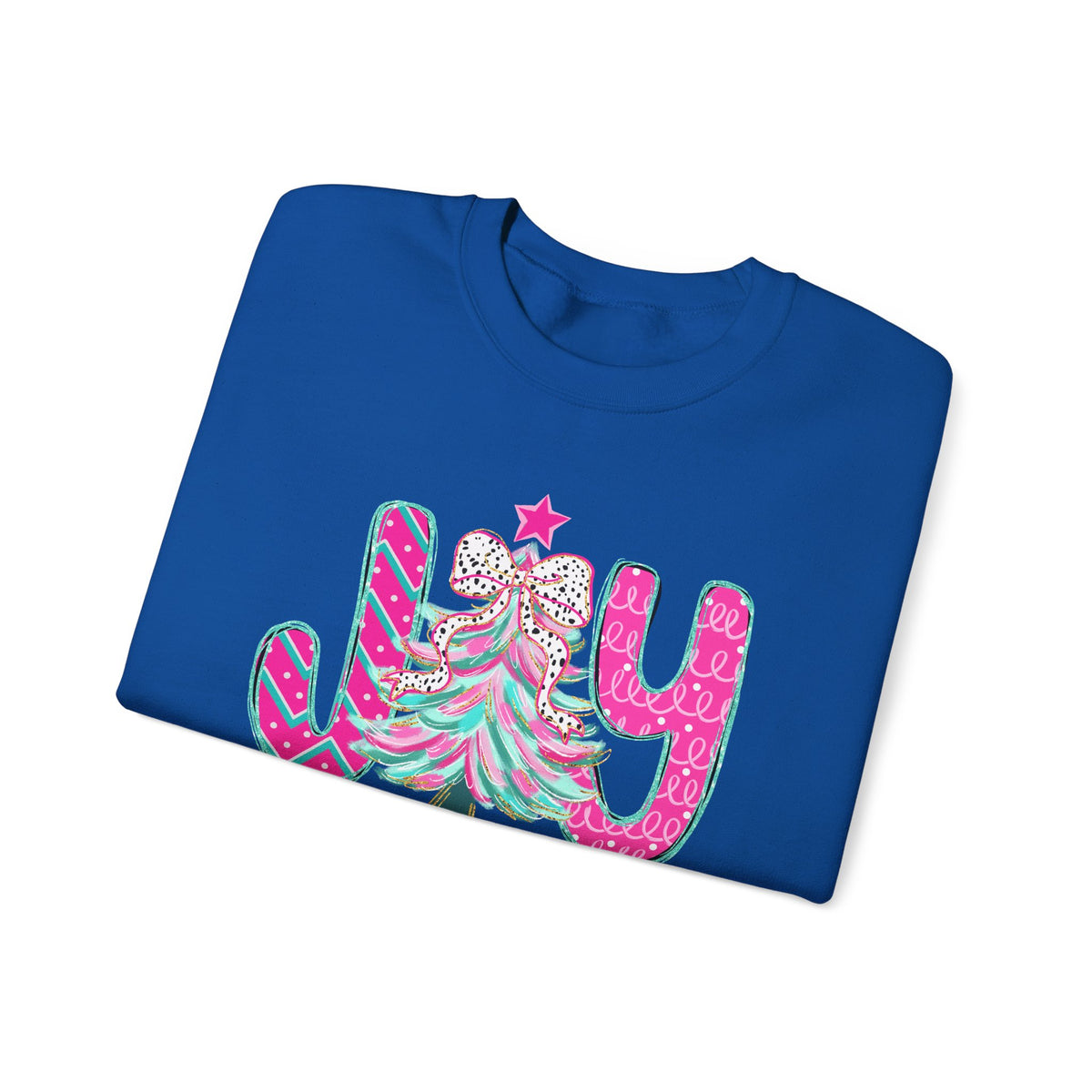 Joy to the World w/Christmas Tree Pink and Teal – Gildan Heavy Blend | Trendy Women’s Soft Sweatshirt. Direct to Garment. Printed & Shipped in the USA. Unisex Sizes.