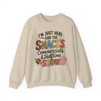 I’m Just Here for the Snacks, Commercials & Halftime Show – Gildan Heavy Blend | Trendy Women’s Soft Sweatshirt. Direct to Garment. Printed & Shipped in the USA. Unisex Sizes.
