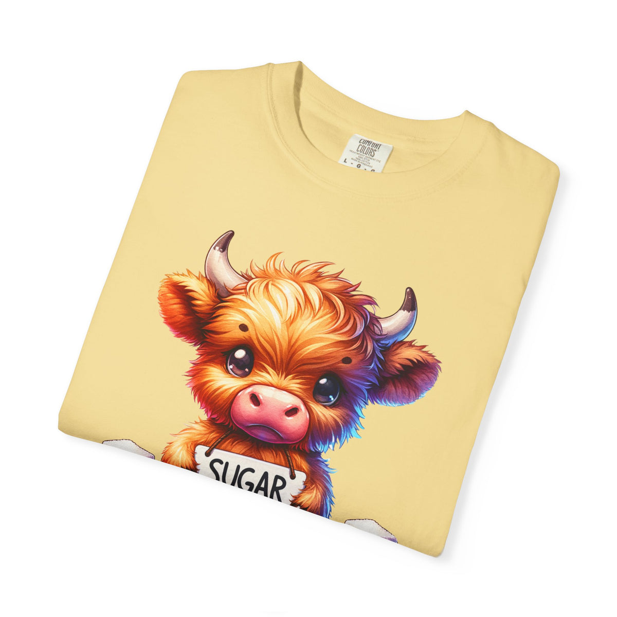 Sugar Addict Highland Cow - Comfort Colors | Trendy Women's T-Shirt. Direct to Garment. Printed & Shipped in the USA. Unisex Sizes.